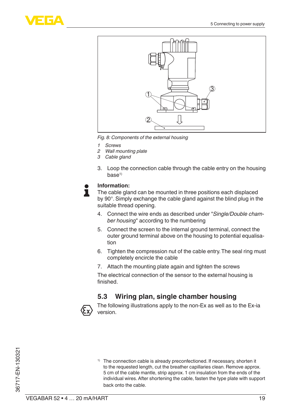 3 wiring plan, single chamber housing | VEGA VEGABAR 52 4 … 20 mA_HART User Manual | Page 19 / 76