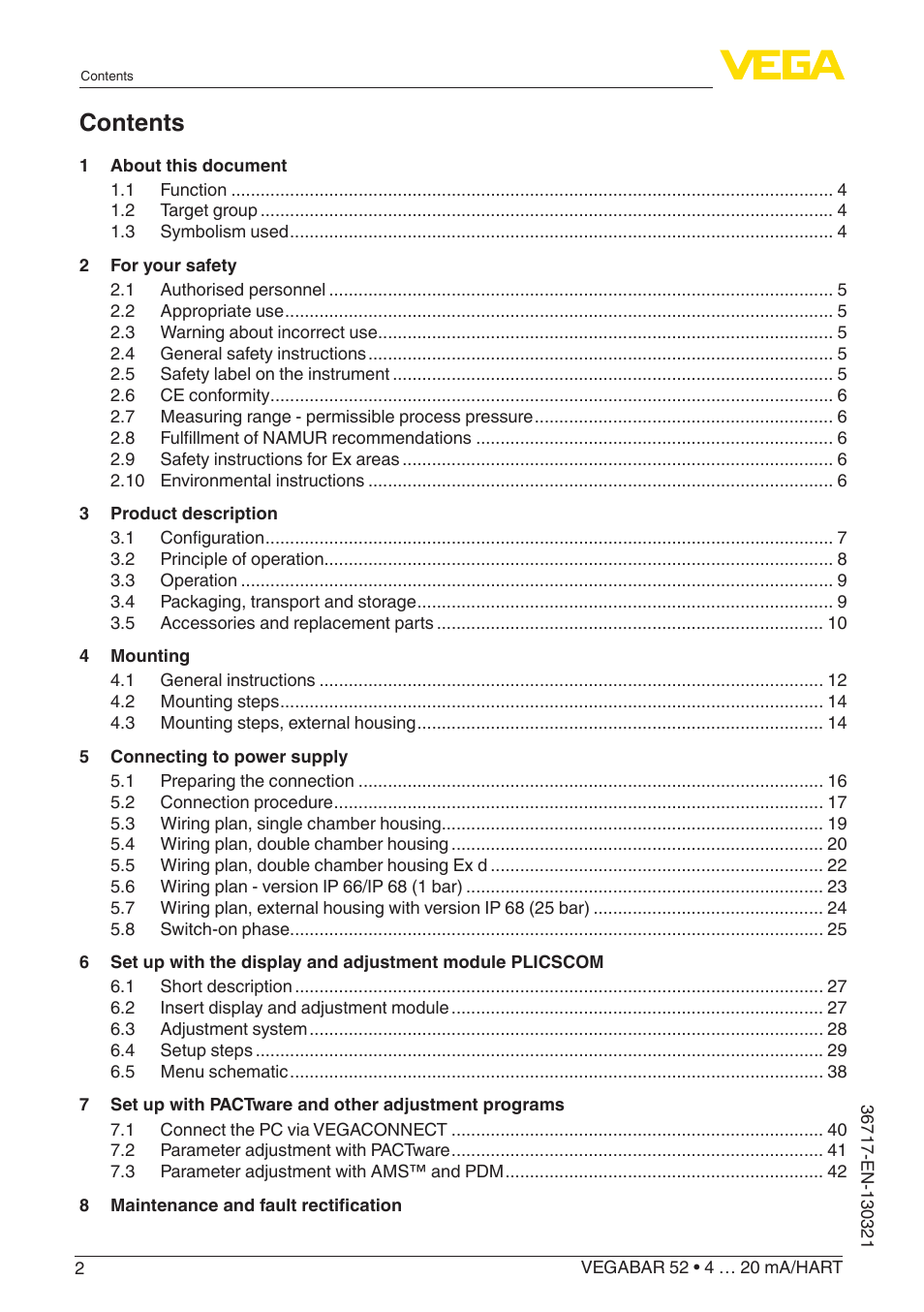 VEGA VEGABAR 52 4 … 20 mA_HART User Manual | Page 2 / 76