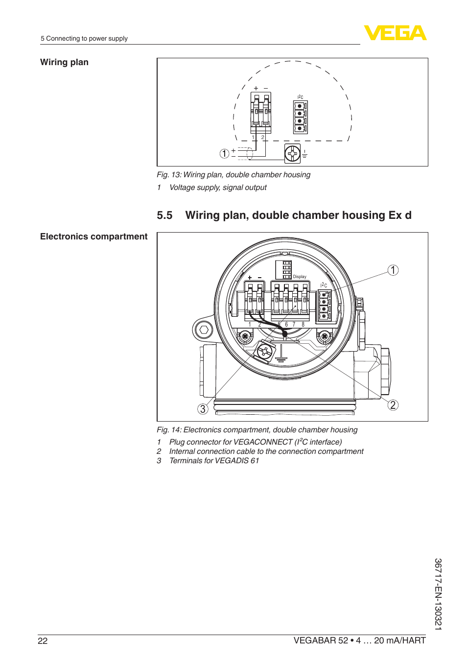 5 wiring plan, double chamber housing ex d 1 3 2 | VEGA VEGABAR 52 4 … 20 mA_HART User Manual | Page 22 / 76