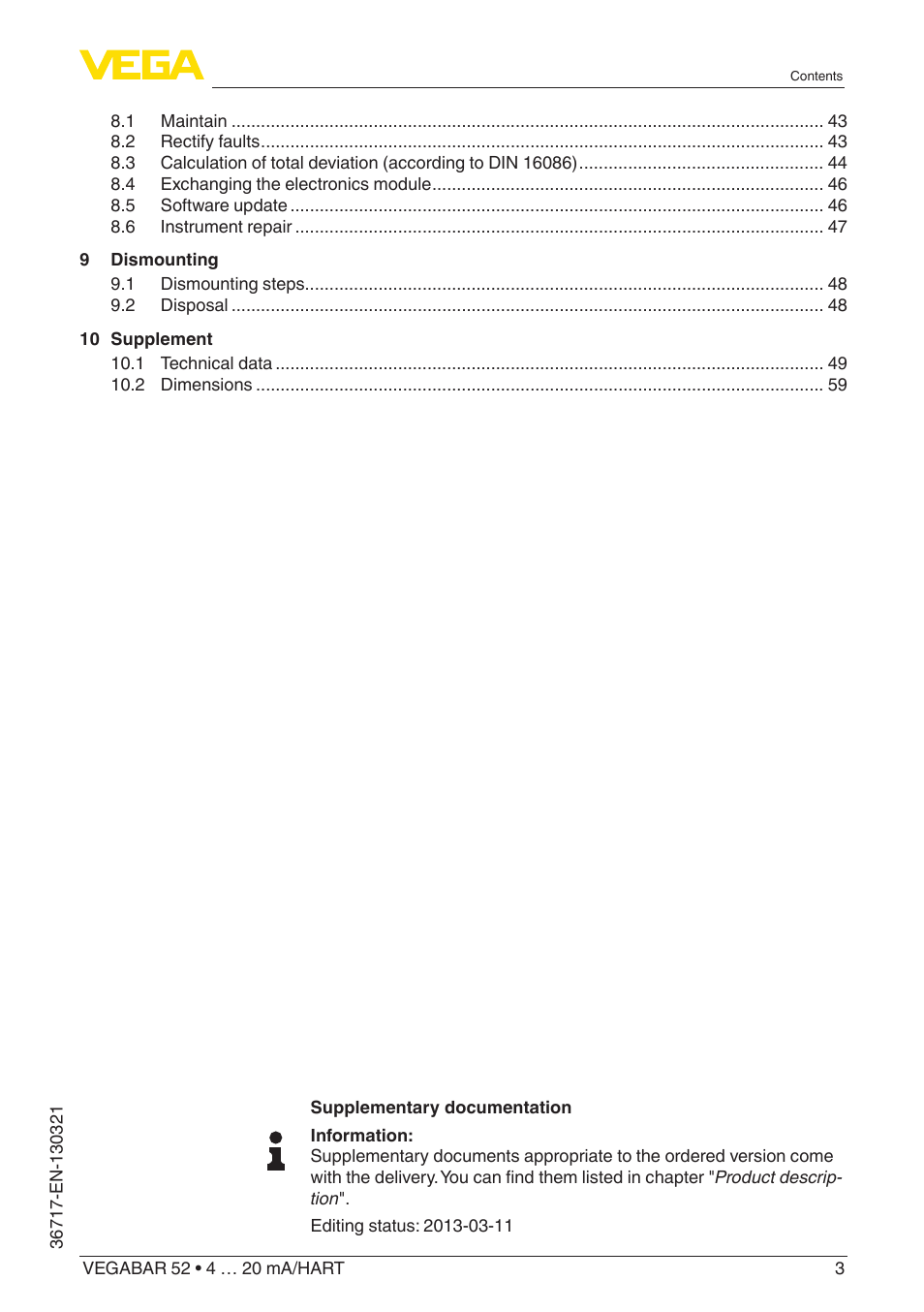 VEGA VEGABAR 52 4 … 20 mA_HART User Manual | Page 3 / 76