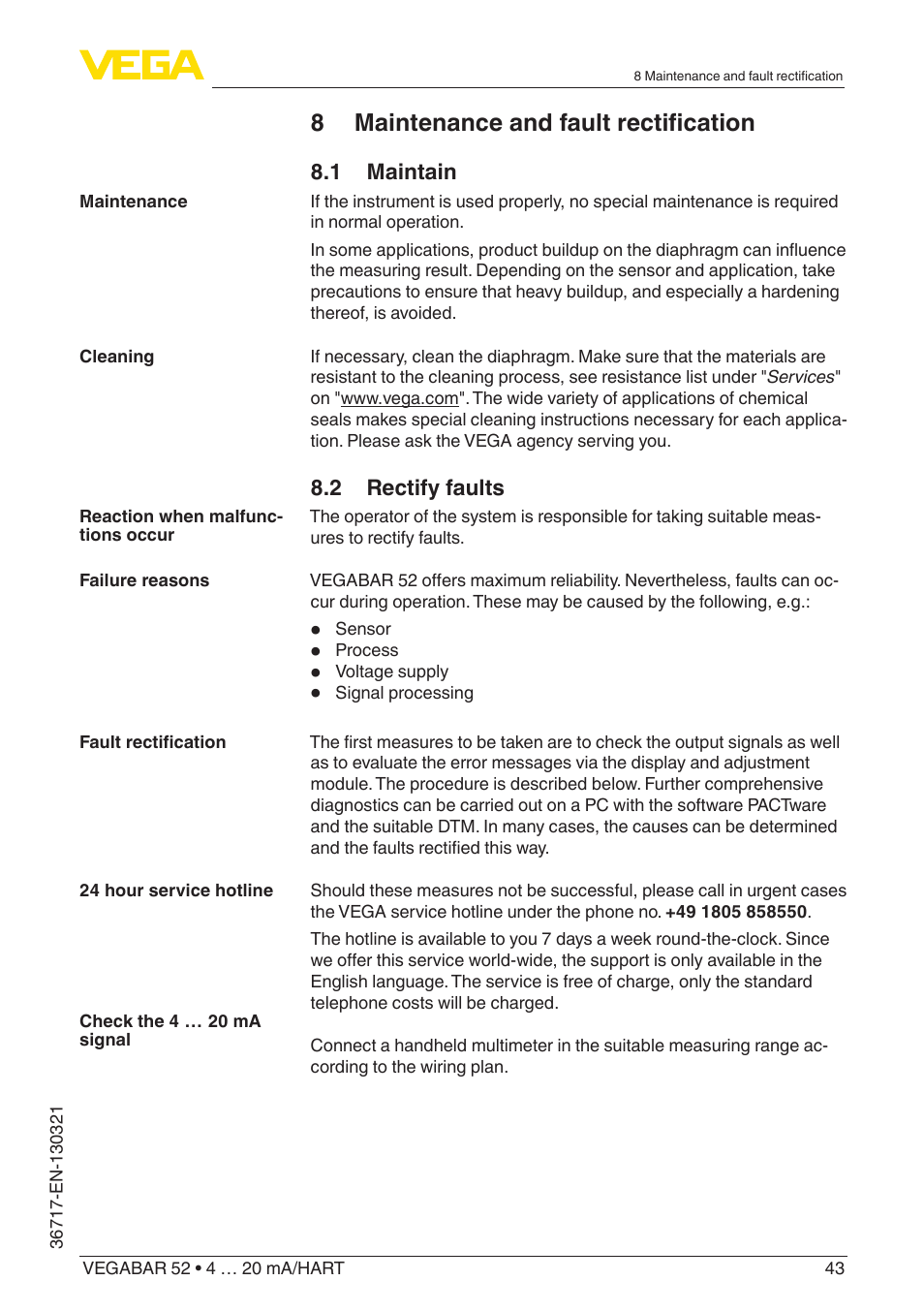8 maintenance and fault rectification | VEGA VEGABAR 52 4 … 20 mA_HART User Manual | Page 43 / 76