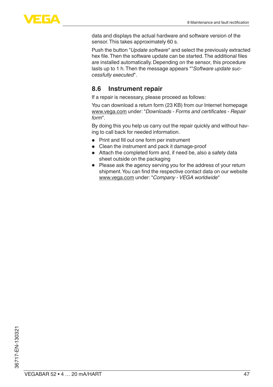 VEGA VEGABAR 52 4 … 20 mA_HART User Manual | Page 47 / 76