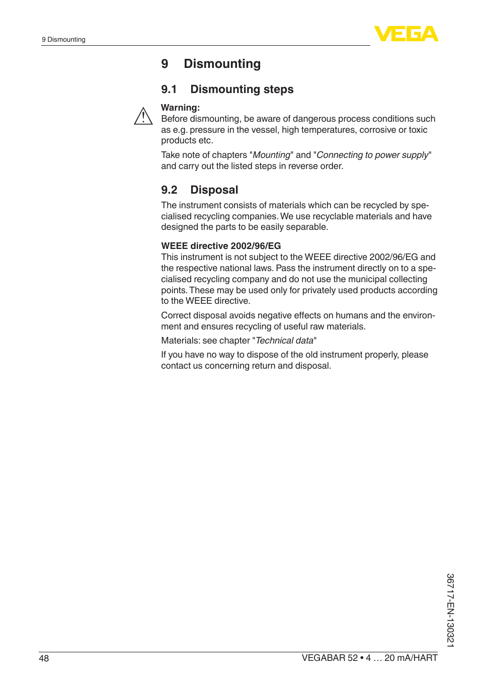 9 dismounting, 1 dismounting steps, 2 disposal | VEGA VEGABAR 52 4 … 20 mA_HART User Manual | Page 48 / 76