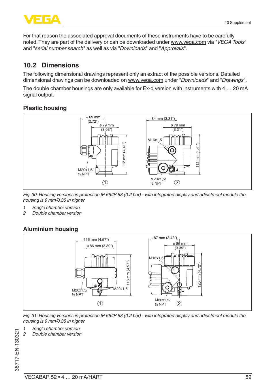 2 dimensions, Plastic housing, Aluminium housing | VEGA VEGABAR 52 4 … 20 mA_HART User Manual | Page 59 / 76