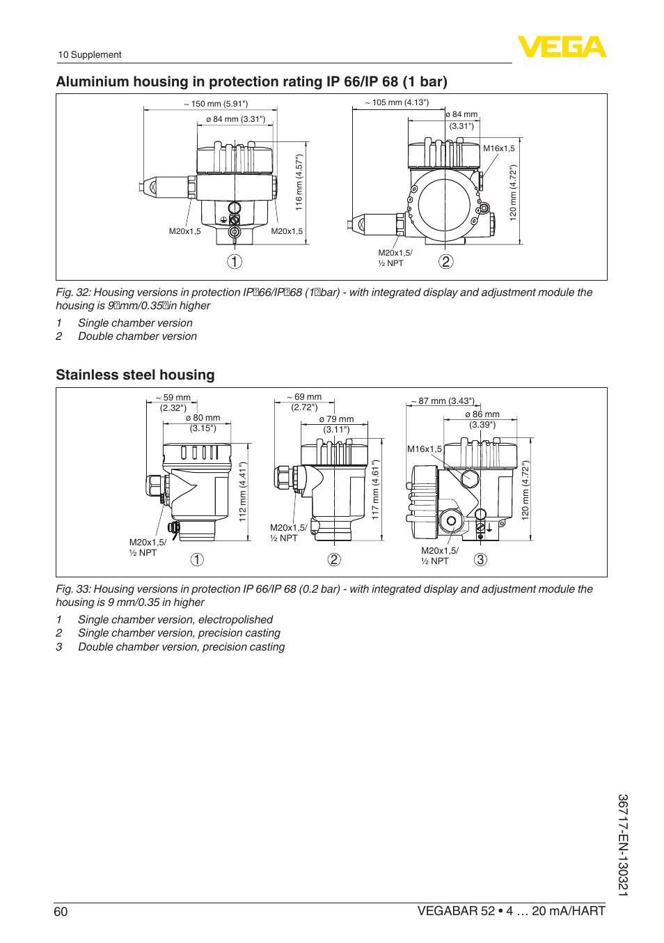 Stainless steel housing | VEGA VEGABAR 52 4 … 20 mA_HART User Manual | Page 60 / 76