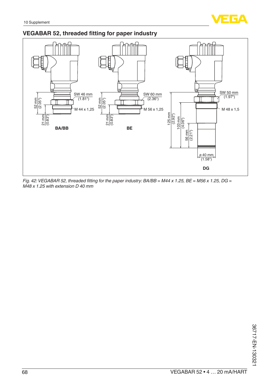 Vegabar 52, threaded fitting for paper industry | VEGA VEGABAR 52 4 … 20 mA_HART User Manual | Page 68 / 76