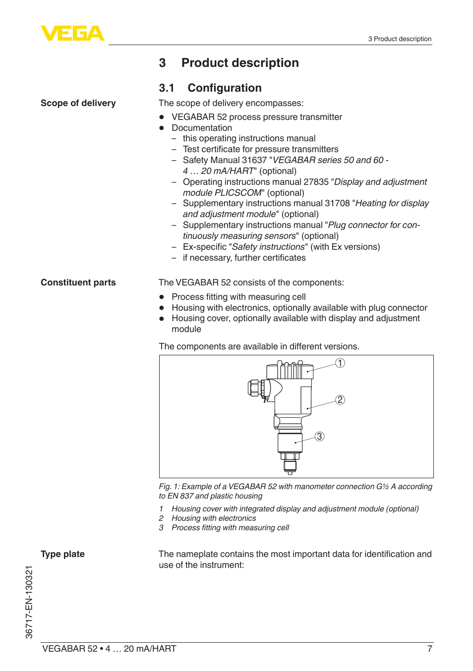3 product description | VEGA VEGABAR 52 4 … 20 mA_HART User Manual | Page 7 / 76