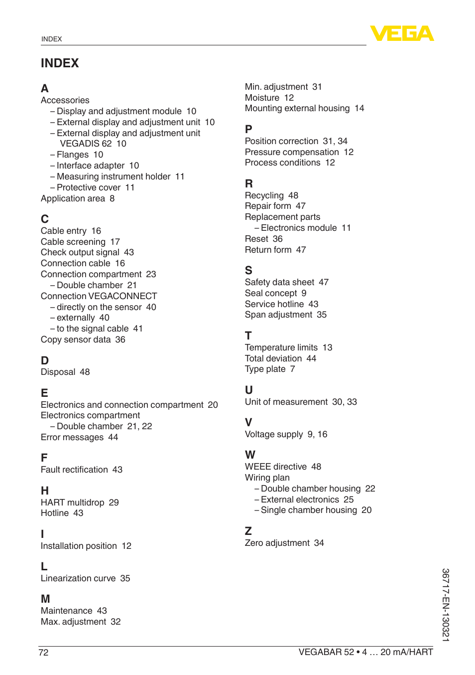 Index | VEGA VEGABAR 52 4 … 20 mA_HART User Manual | Page 72 / 76
