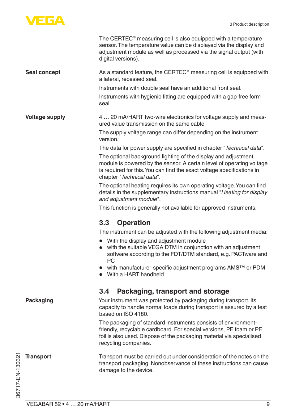 3 operation, 4 packaging, transport and storage | VEGA VEGABAR 52 4 … 20 mA_HART User Manual | Page 9 / 76