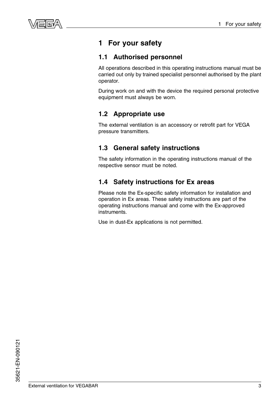 1 for your safety, 1 authorised personnel, 2 appropriate use | 3 general safety instructions, 4 safety instructions for ex areas, 1for your safety | VEGA VEGABAR External ventilation User Manual | Page 3 / 12