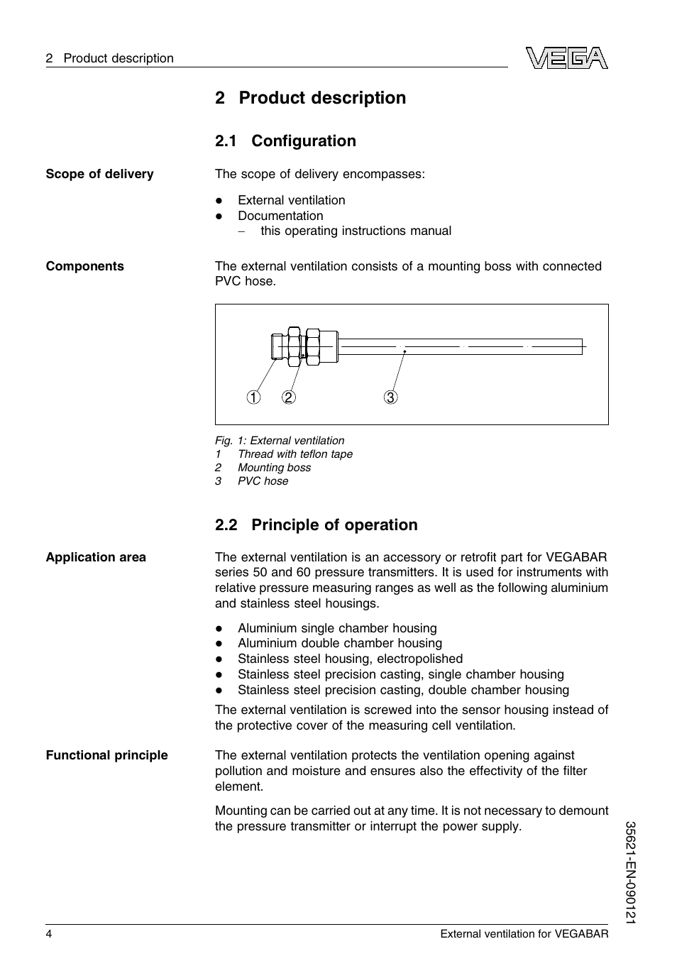 2 product description, 1 configuration, 2 principle of operation | 2product description, 1 conﬁguration, 2principle of operation | VEGA VEGABAR External ventilation User Manual | Page 4 / 12