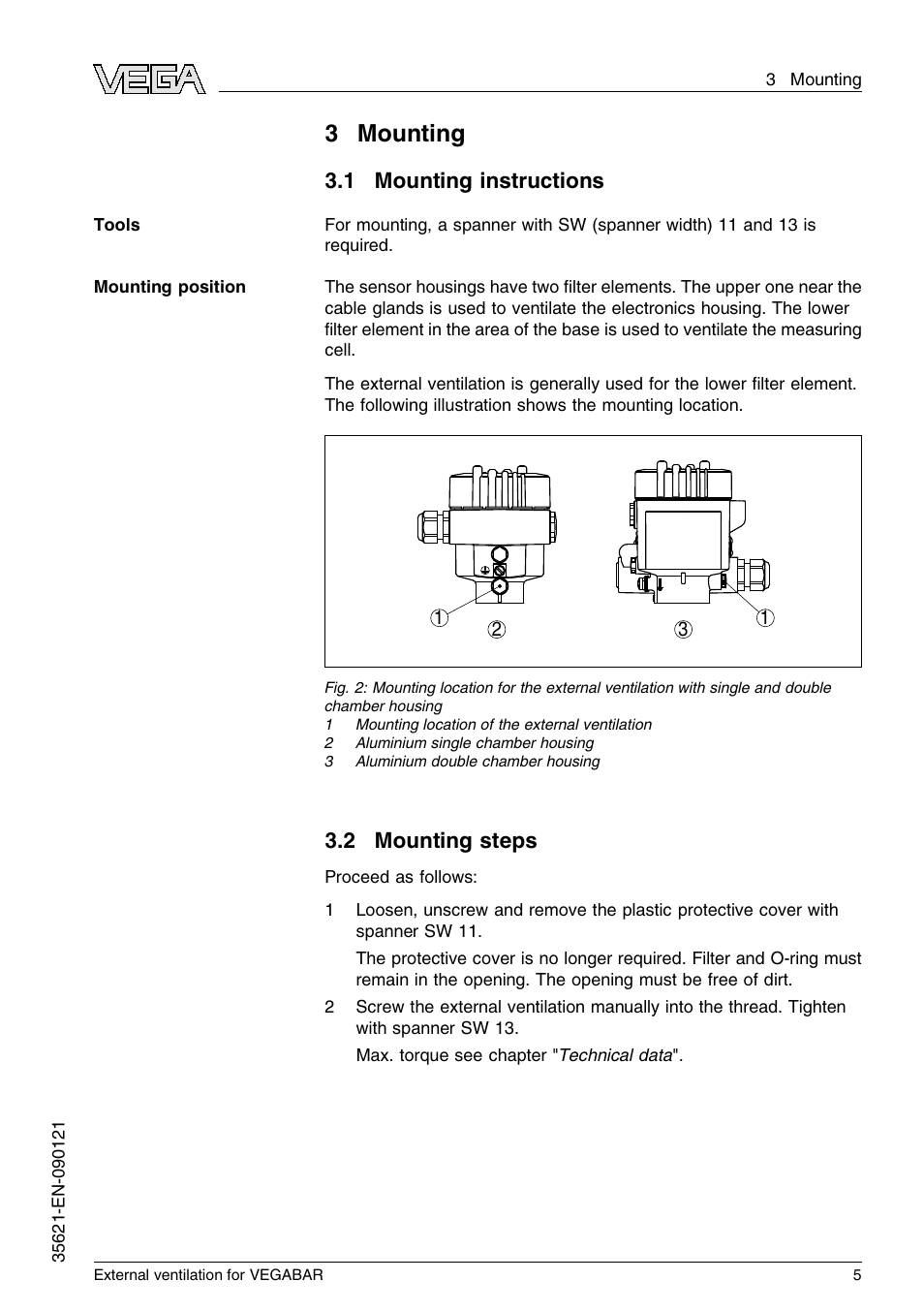 3 mounting, 1 mounting instructions, 2 mounting steps | 3mounting | VEGA VEGABAR External ventilation User Manual | Page 5 / 12
