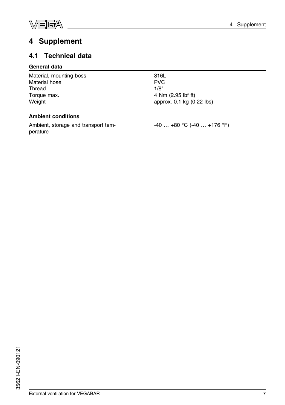 4 supplement, 1 technical data, 4supplement | VEGA VEGABAR External ventilation User Manual | Page 7 / 12