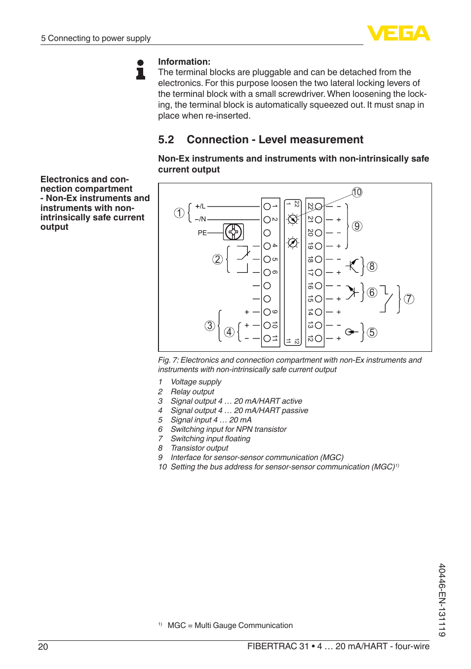 2 connection - level measurement | VEGA FIBERTRAC 31 4 … 20 mA_HART - four-wire User Manual | Page 20 / 80