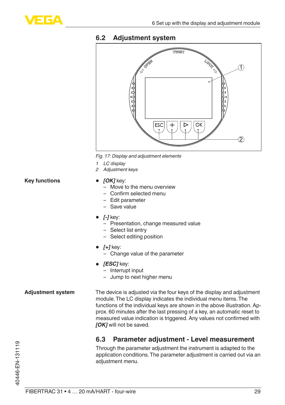 2 adjustment system, 3 parameter adjustment - level measurement | VEGA FIBERTRAC 31 4 … 20 mA_HART - four-wire User Manual | Page 29 / 80