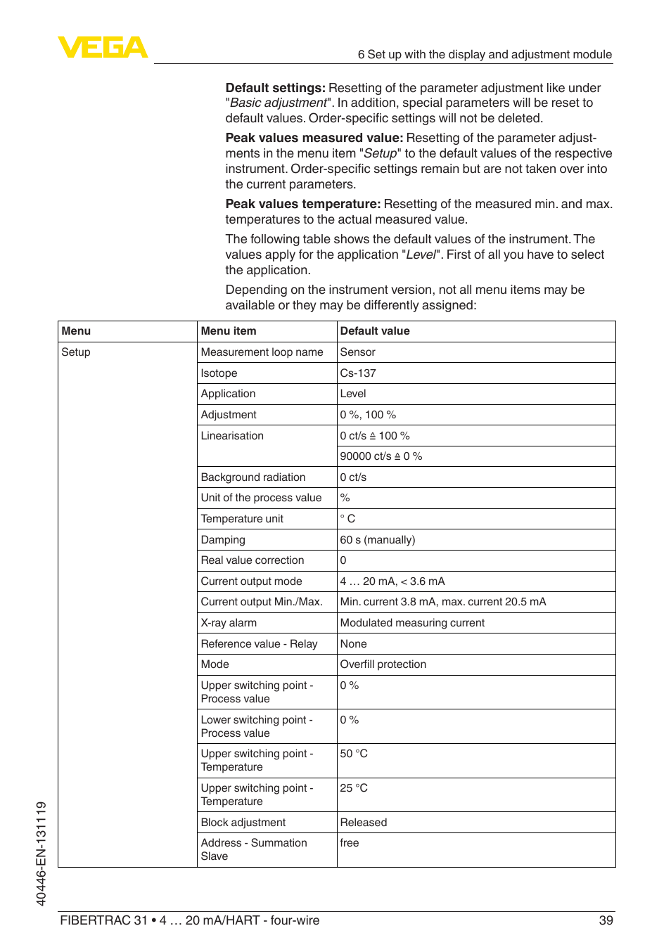 VEGA FIBERTRAC 31 4 … 20 mA_HART - four-wire User Manual | Page 39 / 80