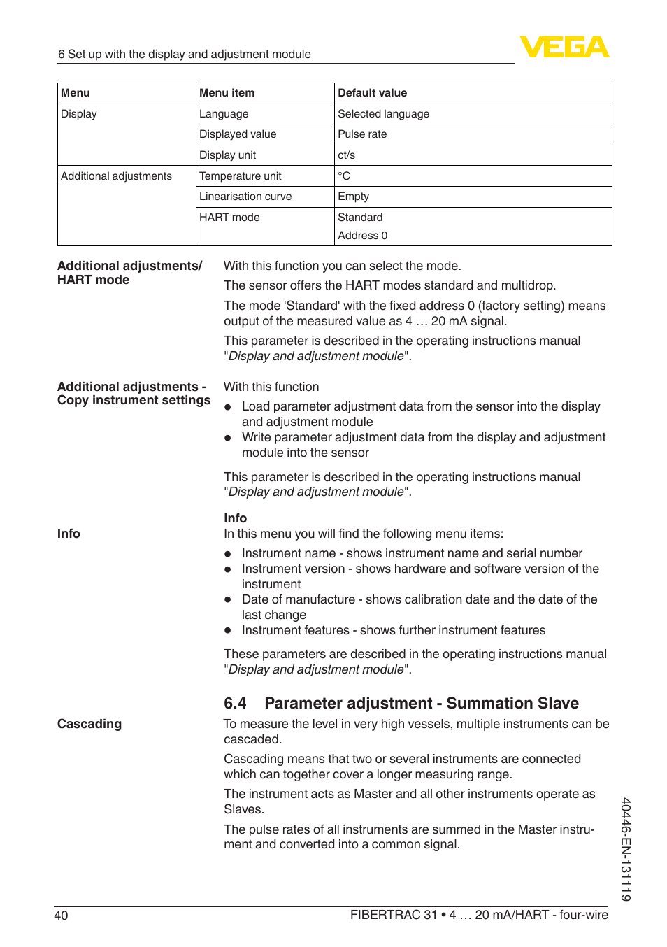 4 parameter adjustment - summation slave | VEGA FIBERTRAC 31 4 … 20 mA_HART - four-wire User Manual | Page 40 / 80