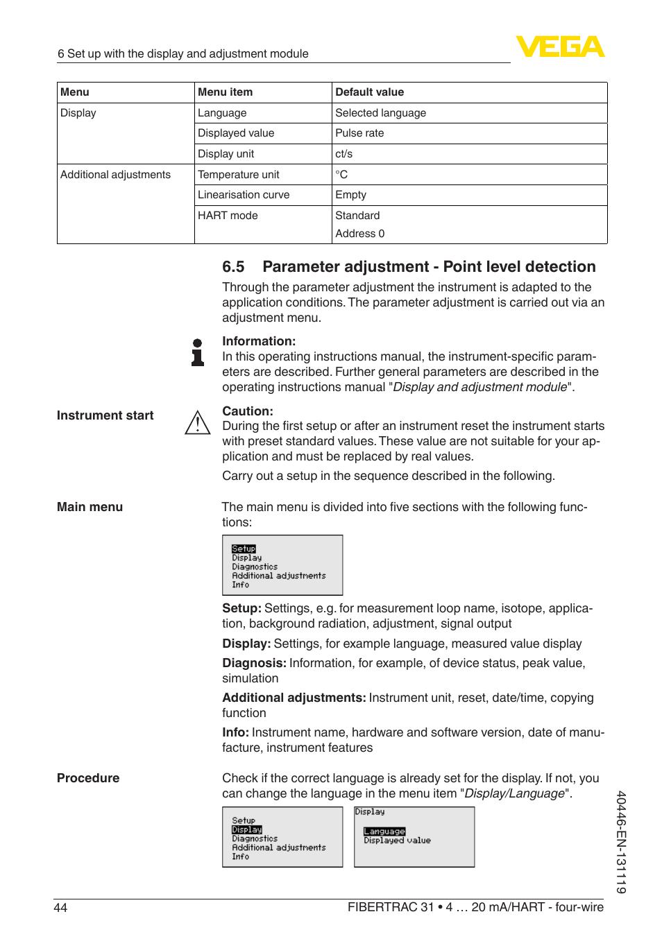 5 parameter adjustment - point level detection | VEGA FIBERTRAC 31 4 … 20 mA_HART - four-wire User Manual | Page 44 / 80