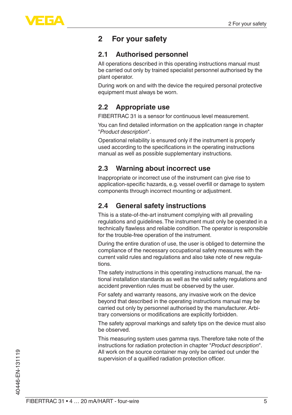 2 for your safety, 1 authorised personnel, 2 appropriate use | 3 warning about incorrect use, 4 general safety instructions | VEGA FIBERTRAC 31 4 … 20 mA_HART - four-wire User Manual | Page 5 / 80