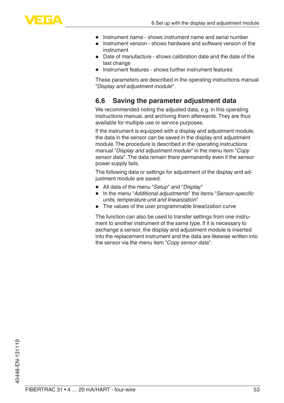 6 saving the parameter adjustment data | VEGA FIBERTRAC 31 4 … 20 mA_HART - four-wire User Manual | Page 53 / 80