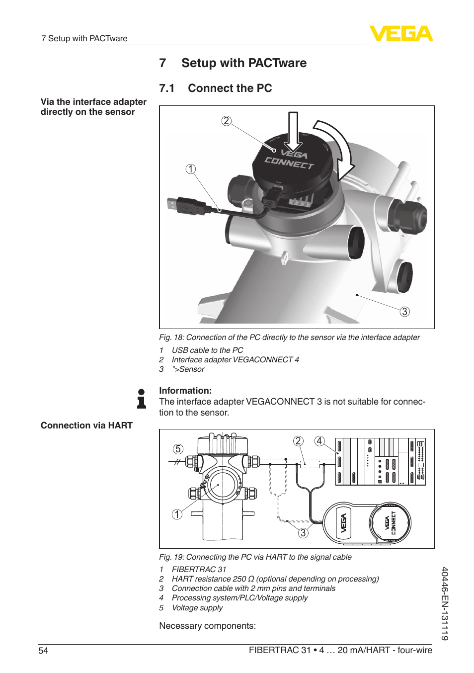7 setup with pactware, 1 connect the pc | VEGA FIBERTRAC 31 4 … 20 mA_HART - four-wire User Manual | Page 54 / 80