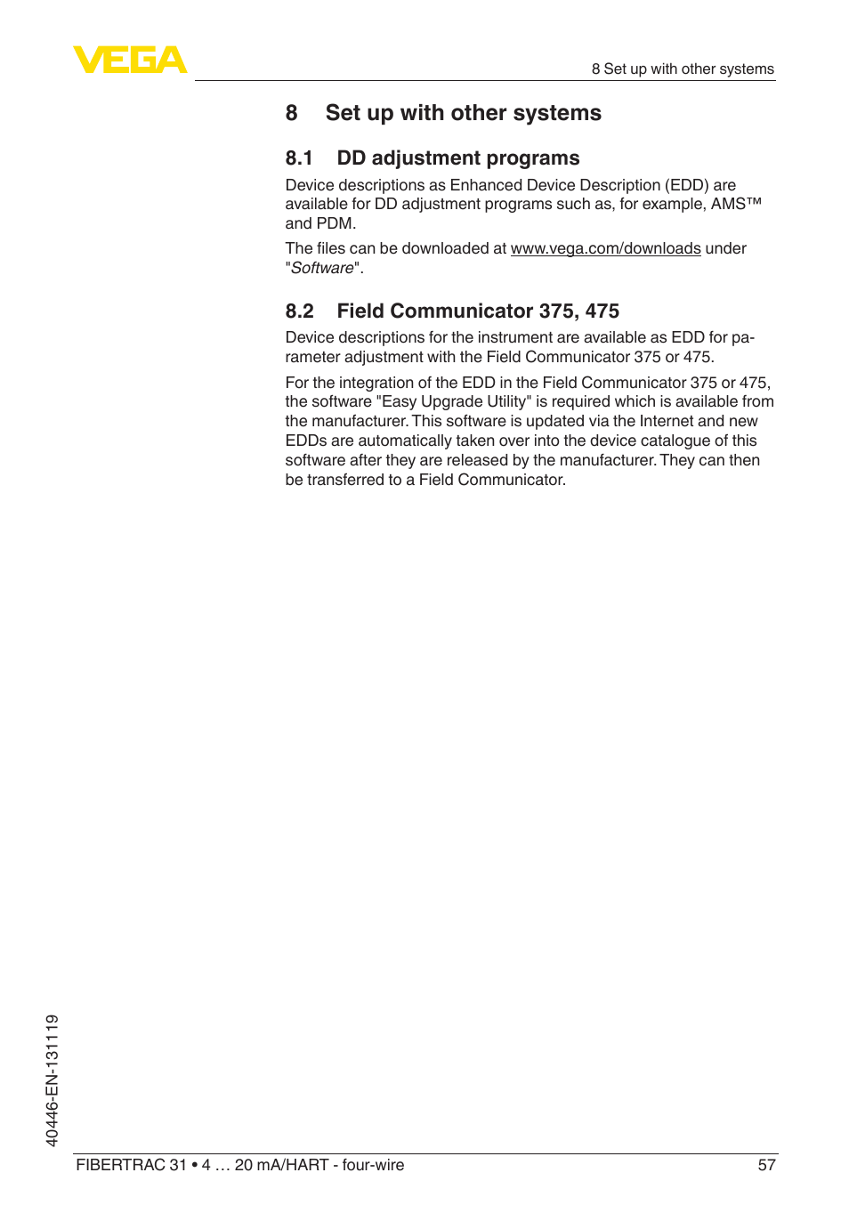 8 set up with other systems, 1 dd adjustment programs, 2 field communicator 375, 475 | VEGA FIBERTRAC 31 4 … 20 mA_HART - four-wire User Manual | Page 57 / 80