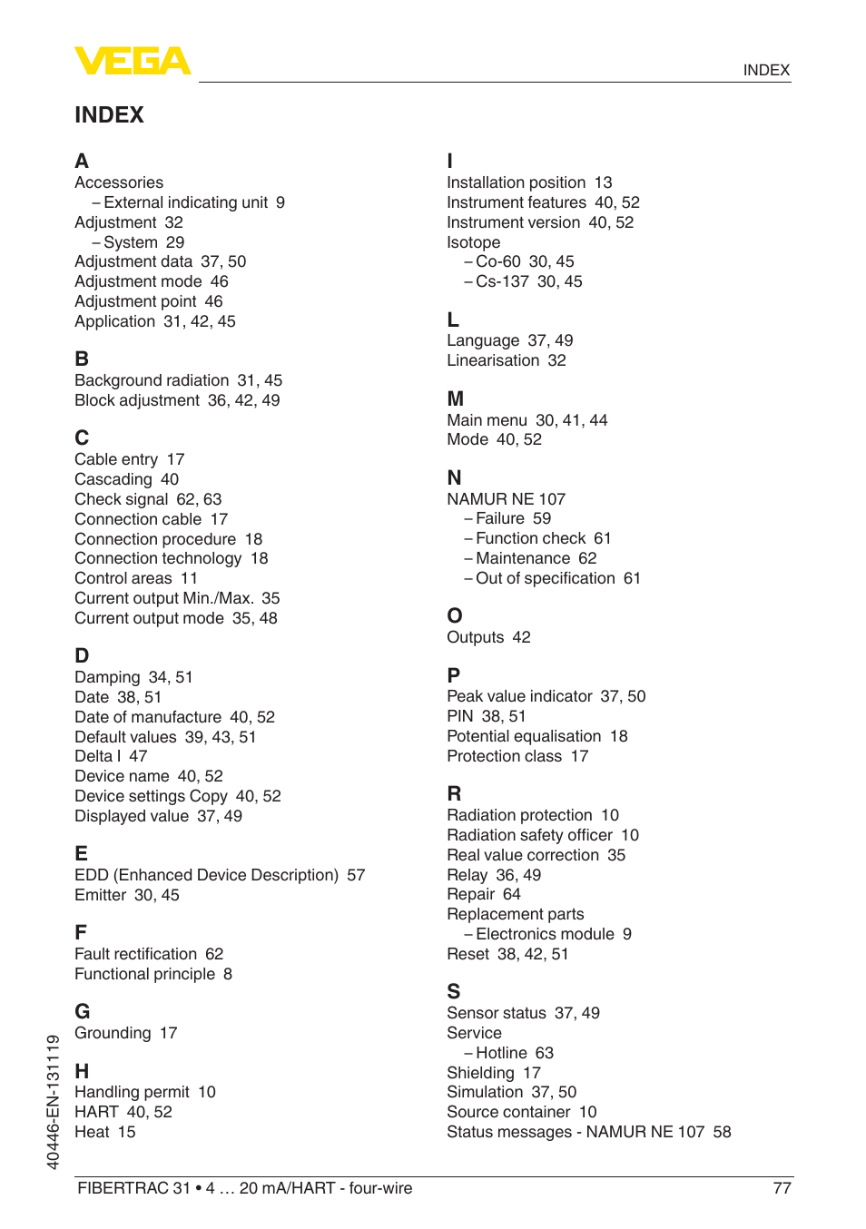 Index | VEGA FIBERTRAC 31 4 … 20 mA_HART - four-wire User Manual | Page 77 / 80