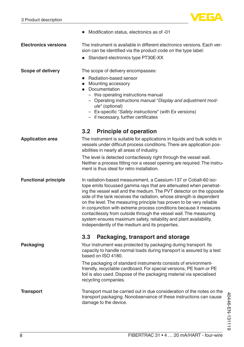 2 principle of operation, 3 packaging, transport and storage | VEGA FIBERTRAC 31 4 … 20 mA_HART - four-wire User Manual | Page 8 / 80