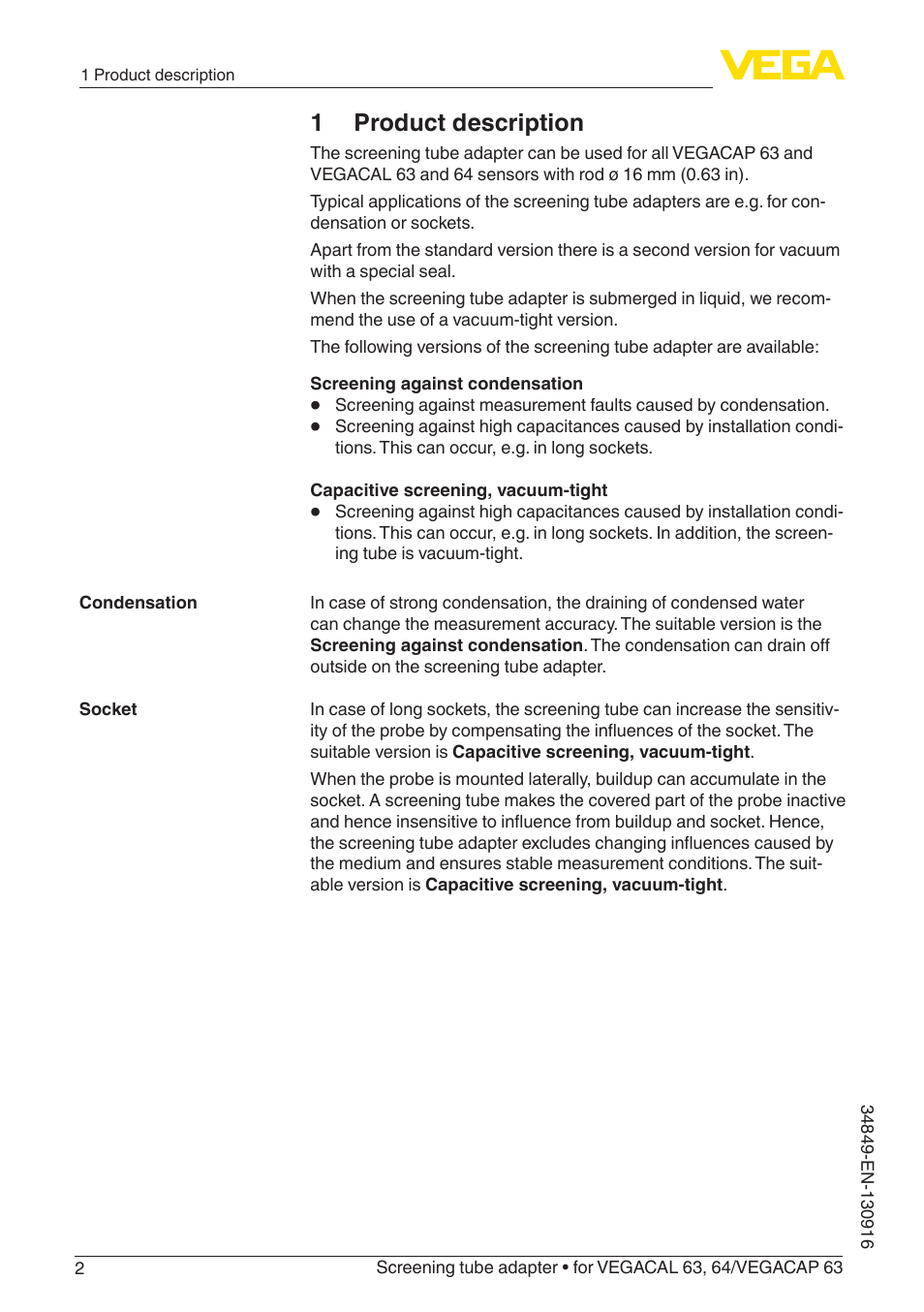 1 product description | VEGA VEGACAP 63 Screening tube adapter Rod ø 16 mm User Manual | Page 2 / 12