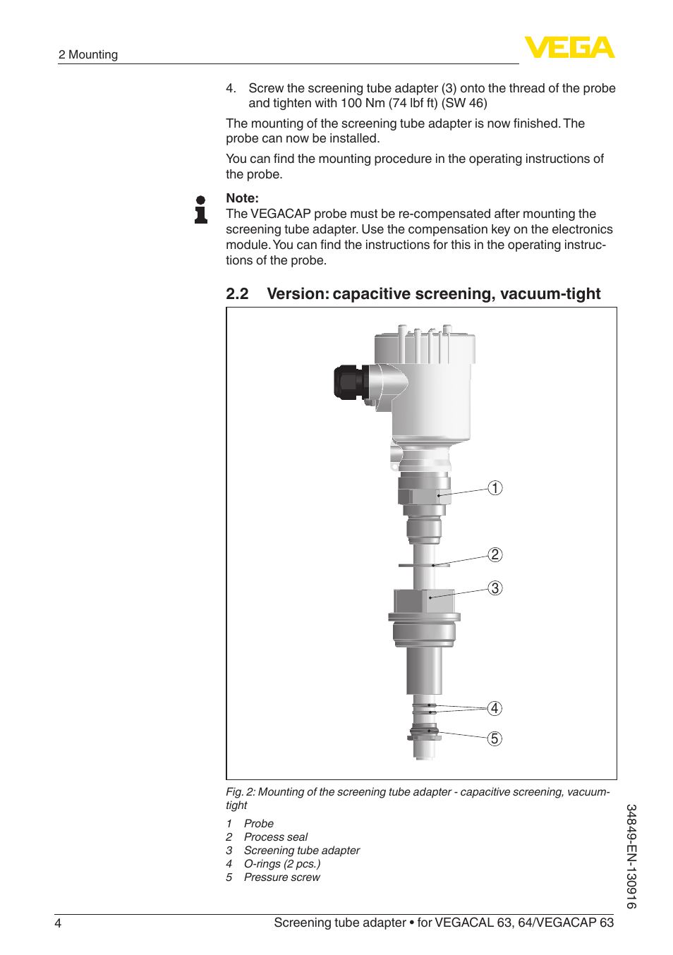 2 version: capacitive screening, vacuum-tight | VEGA VEGACAP 63 Screening tube adapter Rod ø 16 mm User Manual | Page 4 / 12