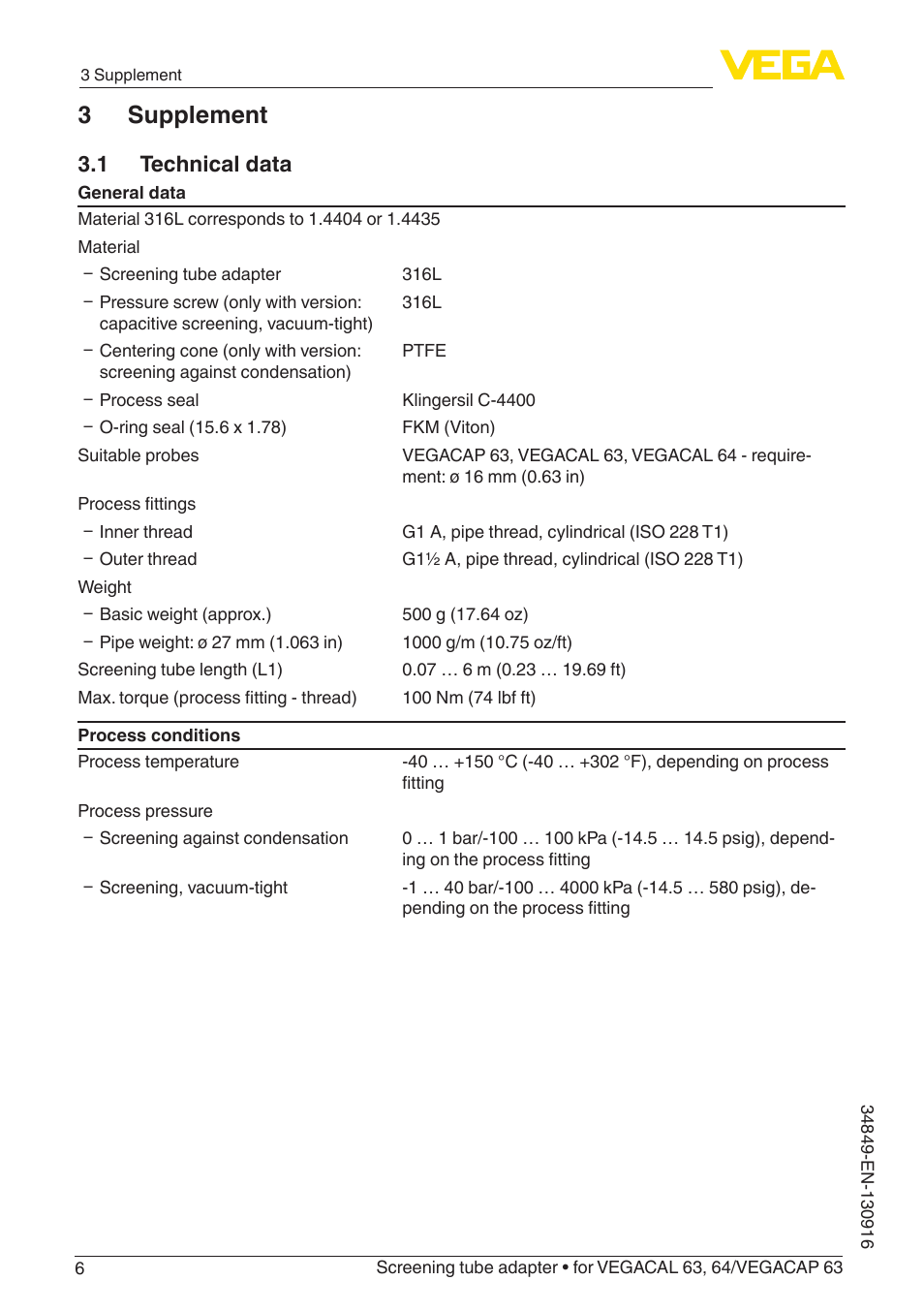 3 supplement, 1 technical data | VEGA VEGACAP 63 Screening tube adapter Rod ø 16 mm User Manual | Page 6 / 12