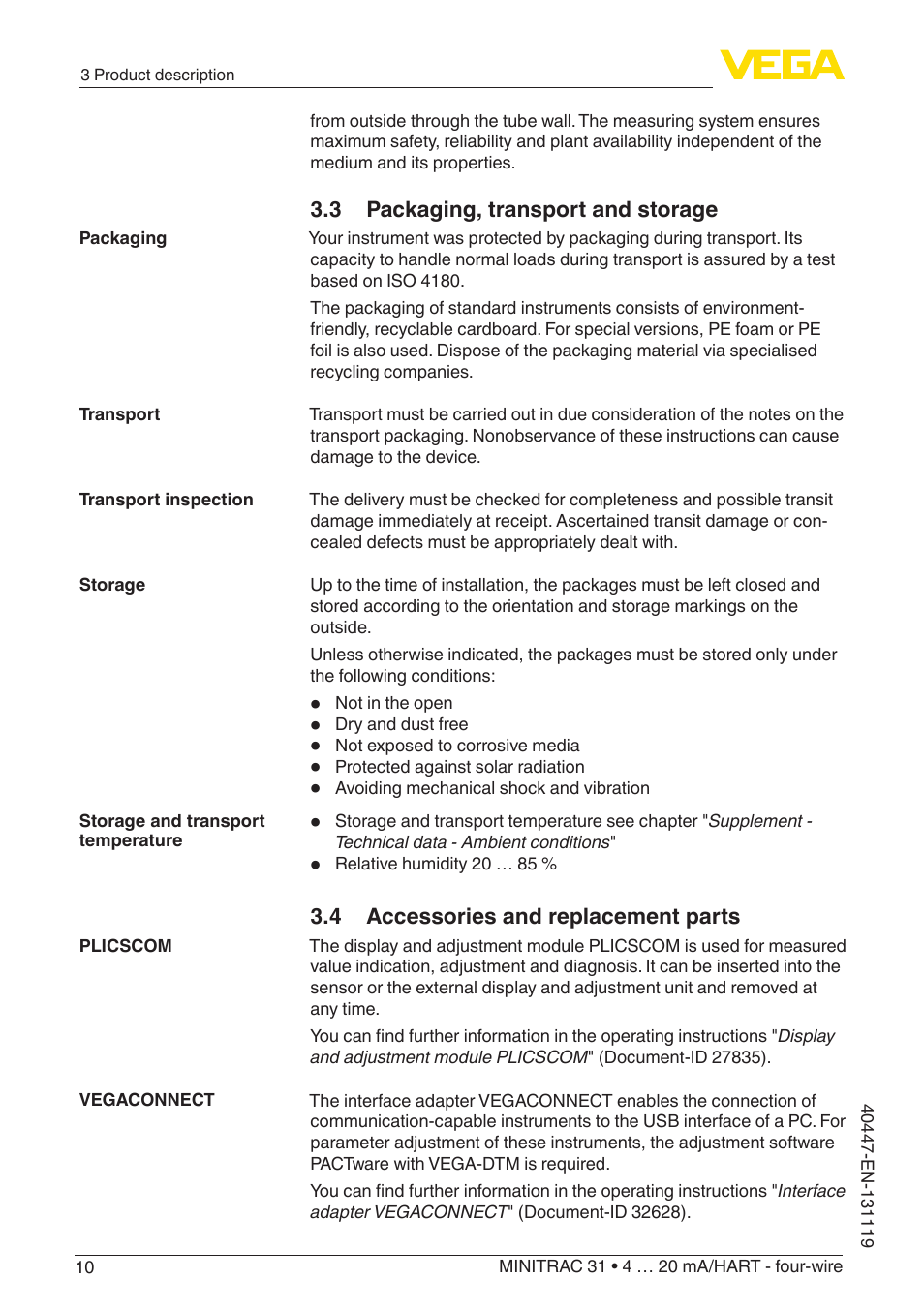 3 packaging, transport and storage, 4 accessories and replacement parts | VEGA MINITRAC 31 4 … 20 mA_HART - four-wire User Manual | Page 10 / 88