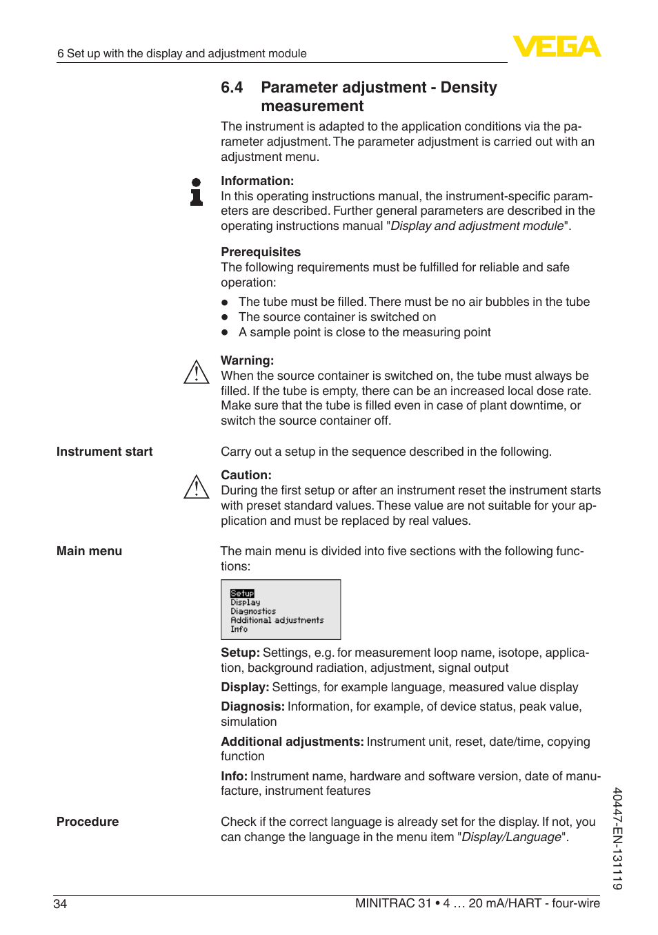 4 parameter adjustment - density measurement | VEGA MINITRAC 31 4 … 20 mA_HART - four-wire User Manual | Page 34 / 88
