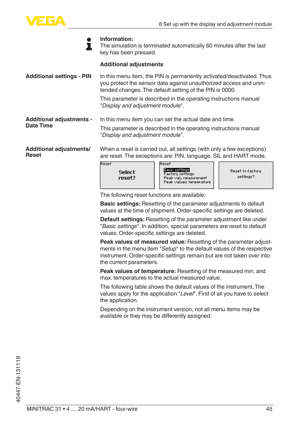 VEGA MINITRAC 31 4 … 20 mA_HART - four-wire User Manual | Page 45 / 88