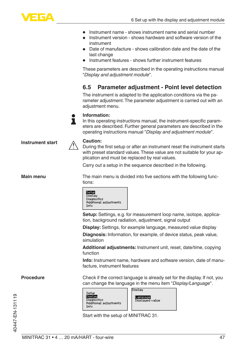 5 parameter adjustment - point level detection | VEGA MINITRAC 31 4 … 20 mA_HART - four-wire User Manual | Page 47 / 88