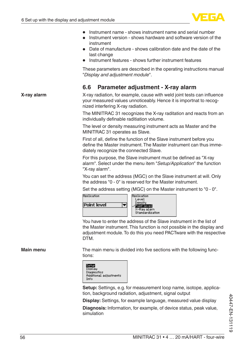6 parameter adjustment - x-ray alarm | VEGA MINITRAC 31 4 … 20 mA_HART - four-wire User Manual | Page 56 / 88