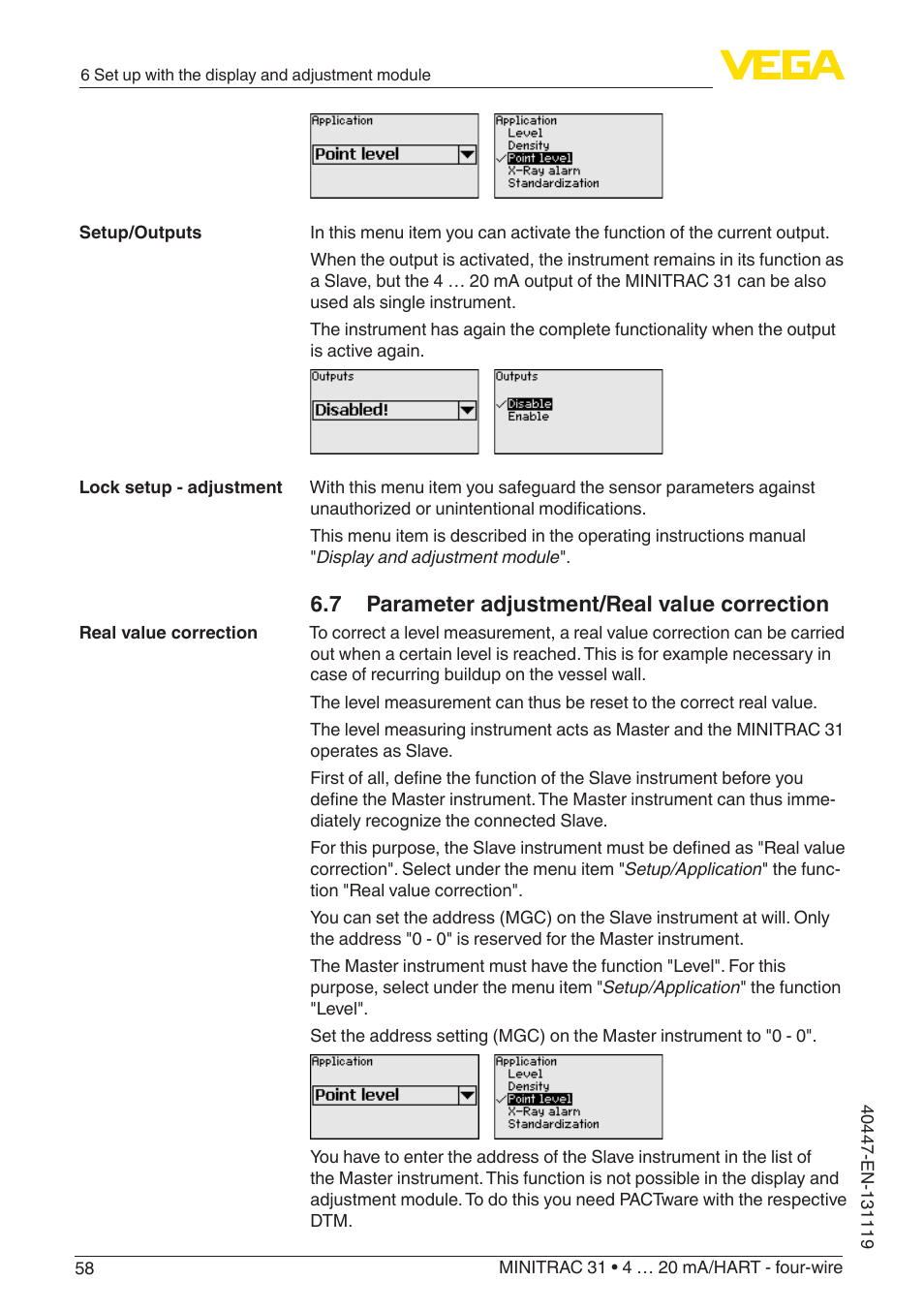 7 parameter adjustment/real value correction | VEGA MINITRAC 31 4 … 20 mA_HART - four-wire User Manual | Page 58 / 88