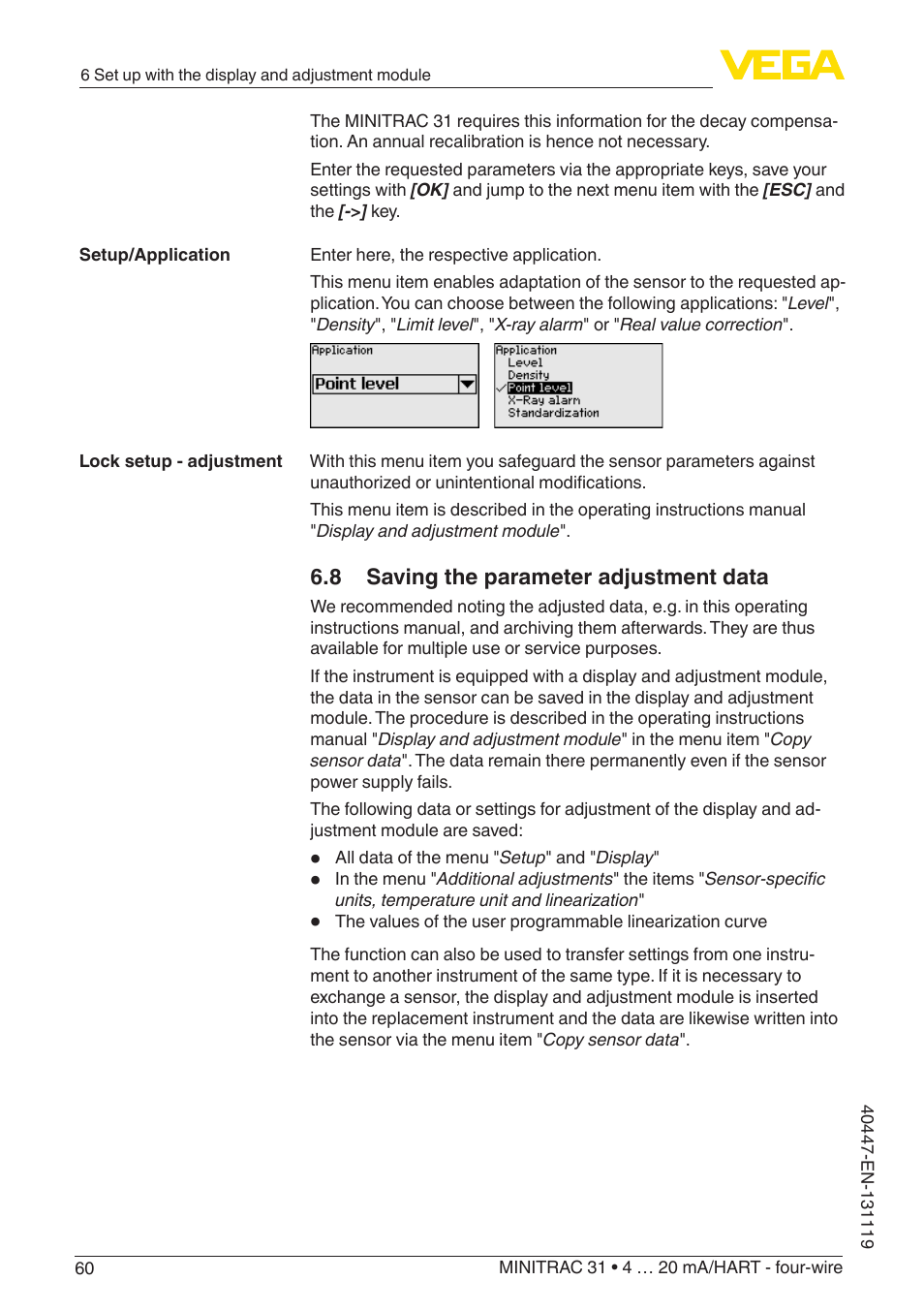 8 saving the parameter adjustment data | VEGA MINITRAC 31 4 … 20 mA_HART - four-wire User Manual | Page 60 / 88