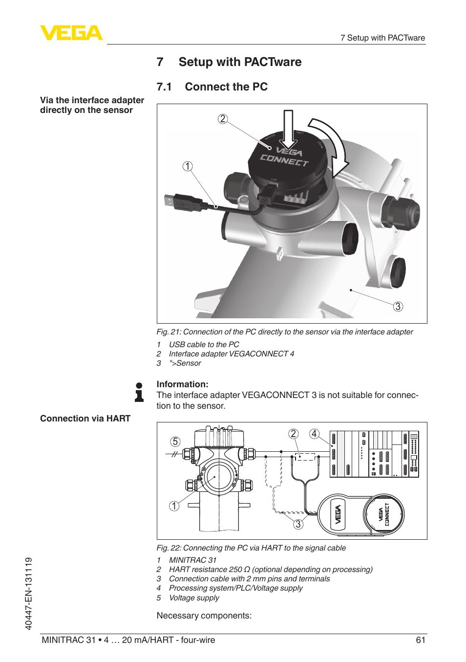 7 setup with pactware, 1 connect the pc | VEGA MINITRAC 31 4 … 20 mA_HART - four-wire User Manual | Page 61 / 88