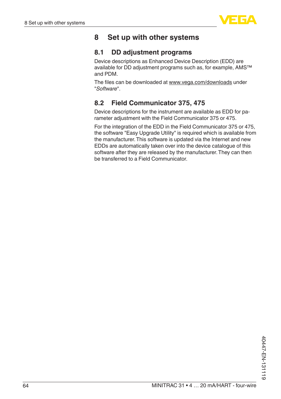 8 set up with other systems, 1 dd adjustment programs, 2 field communicator 375, 475 | VEGA MINITRAC 31 4 … 20 mA_HART - four-wire User Manual | Page 64 / 88