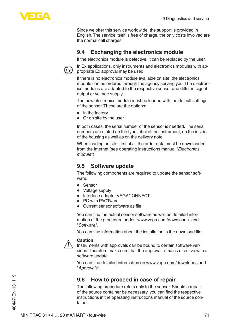 4 exchanging the electronics module, 5 software update, 6 how to proceed in case of repair | VEGA MINITRAC 31 4 … 20 mA_HART - four-wire User Manual | Page 71 / 88