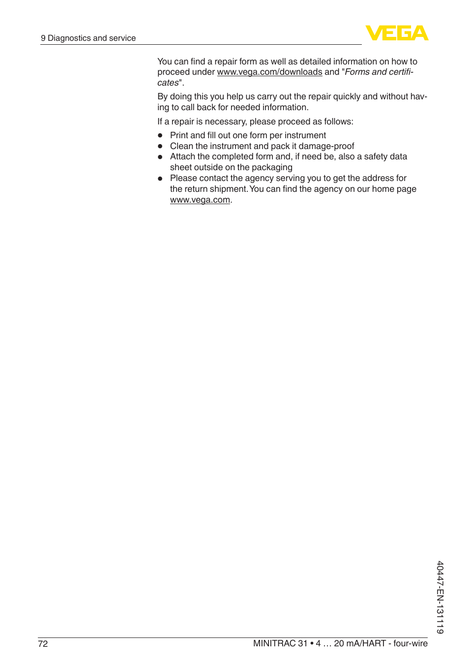 VEGA MINITRAC 31 4 … 20 mA_HART - four-wire User Manual | Page 72 / 88
