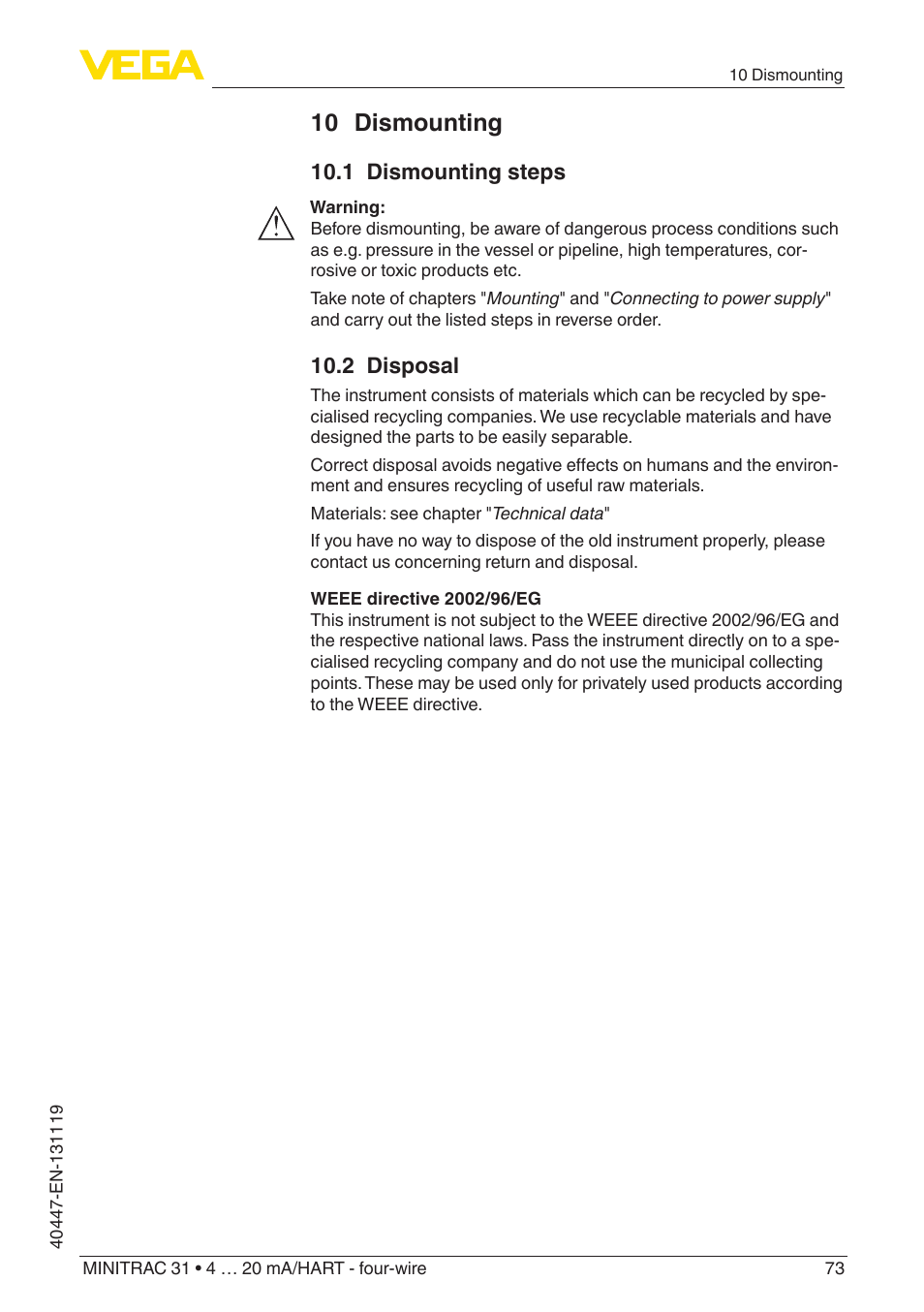 10 dismounting, 1 dismounting steps, 2 disposal | VEGA MINITRAC 31 4 … 20 mA_HART - four-wire User Manual | Page 73 / 88