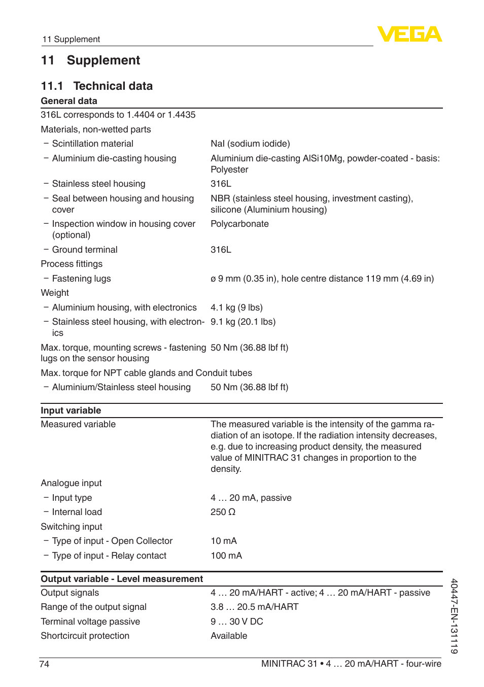 11 supplement, 1 technical data | VEGA MINITRAC 31 4 … 20 mA_HART - four-wire User Manual | Page 74 / 88