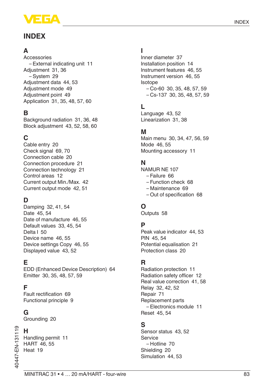 Index | VEGA MINITRAC 31 4 … 20 mA_HART - four-wire User Manual | Page 83 / 88