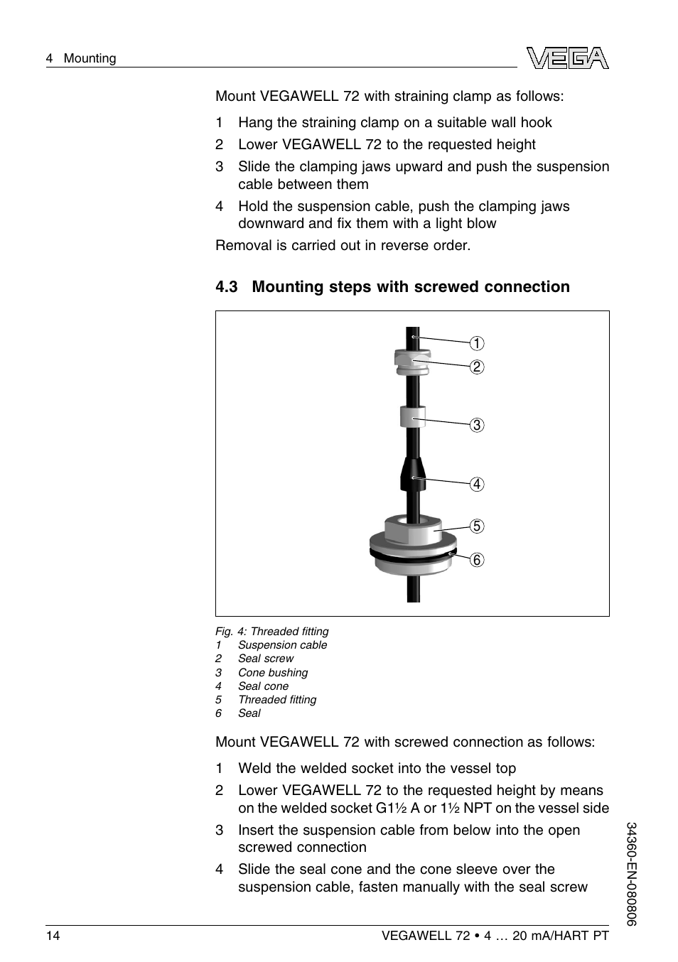 3 mounting steps with screwed connection | VEGA VEGAWELL 72 4 … 20 mA_HART PT 100 User Manual | Page 14 / 44