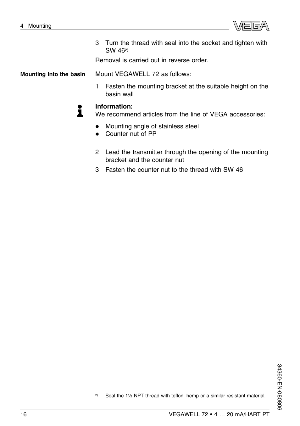 VEGA VEGAWELL 72 4 … 20 mA_HART PT 100 User Manual | Page 16 / 44