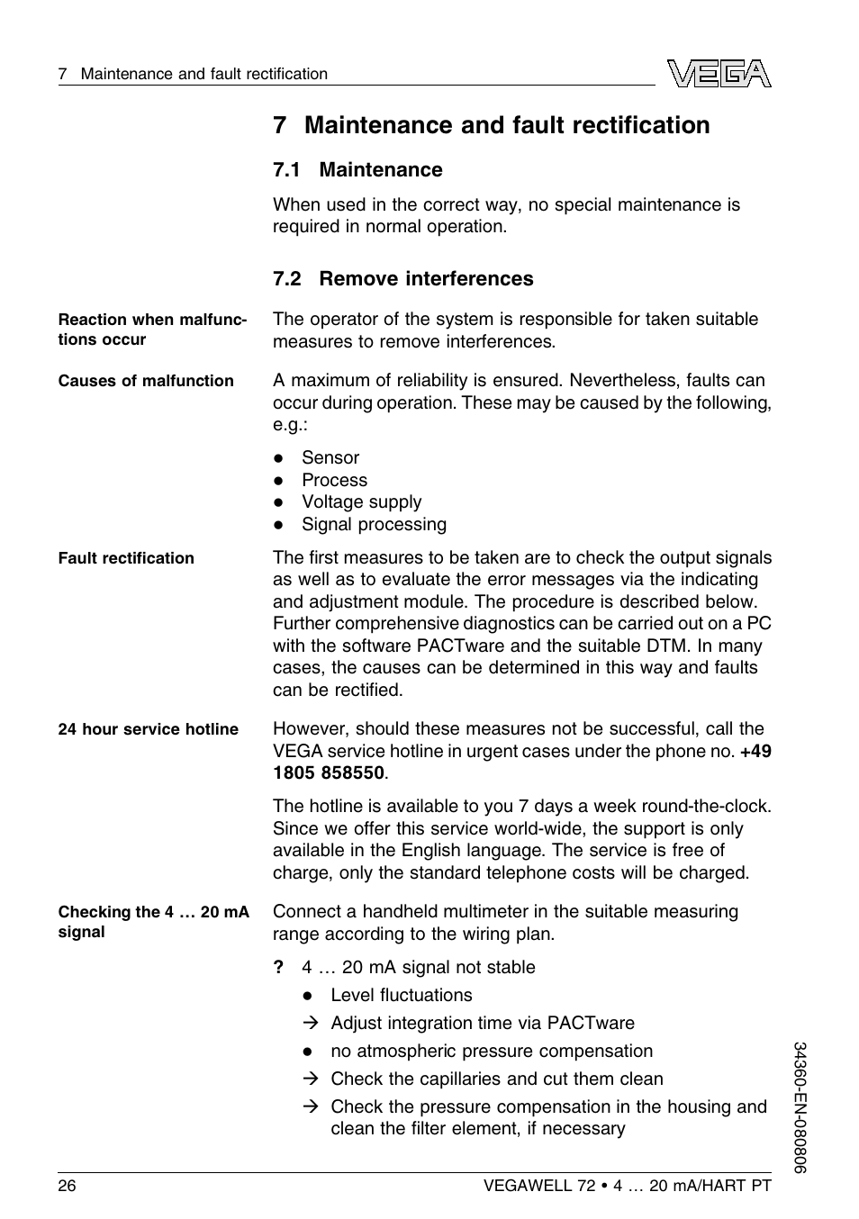 7 maintenance and fault rectification, 1 maintenance, 2 remove interferences | 7 m aintenance and fault recti ﬁcation | VEGA VEGAWELL 72 4 … 20 mA_HART PT 100 User Manual | Page 26 / 44
