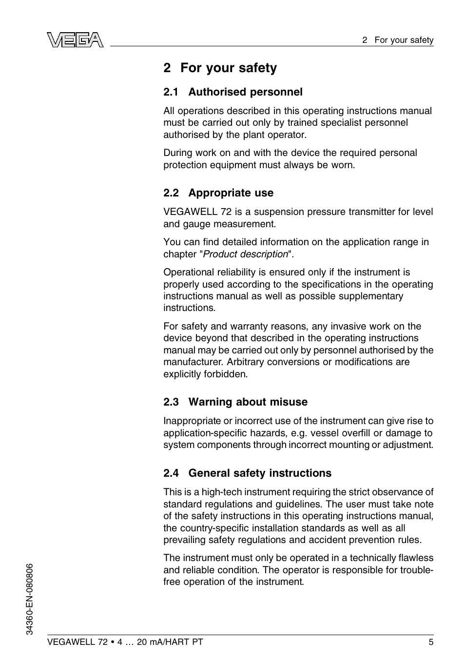 2 for your safety, 1 authorised personnel, 2 appropriate use | 3 warning about misuse, 4 general safety instructions, 2 f or your safety | VEGA VEGAWELL 72 4 … 20 mA_HART PT 100 User Manual | Page 5 / 44