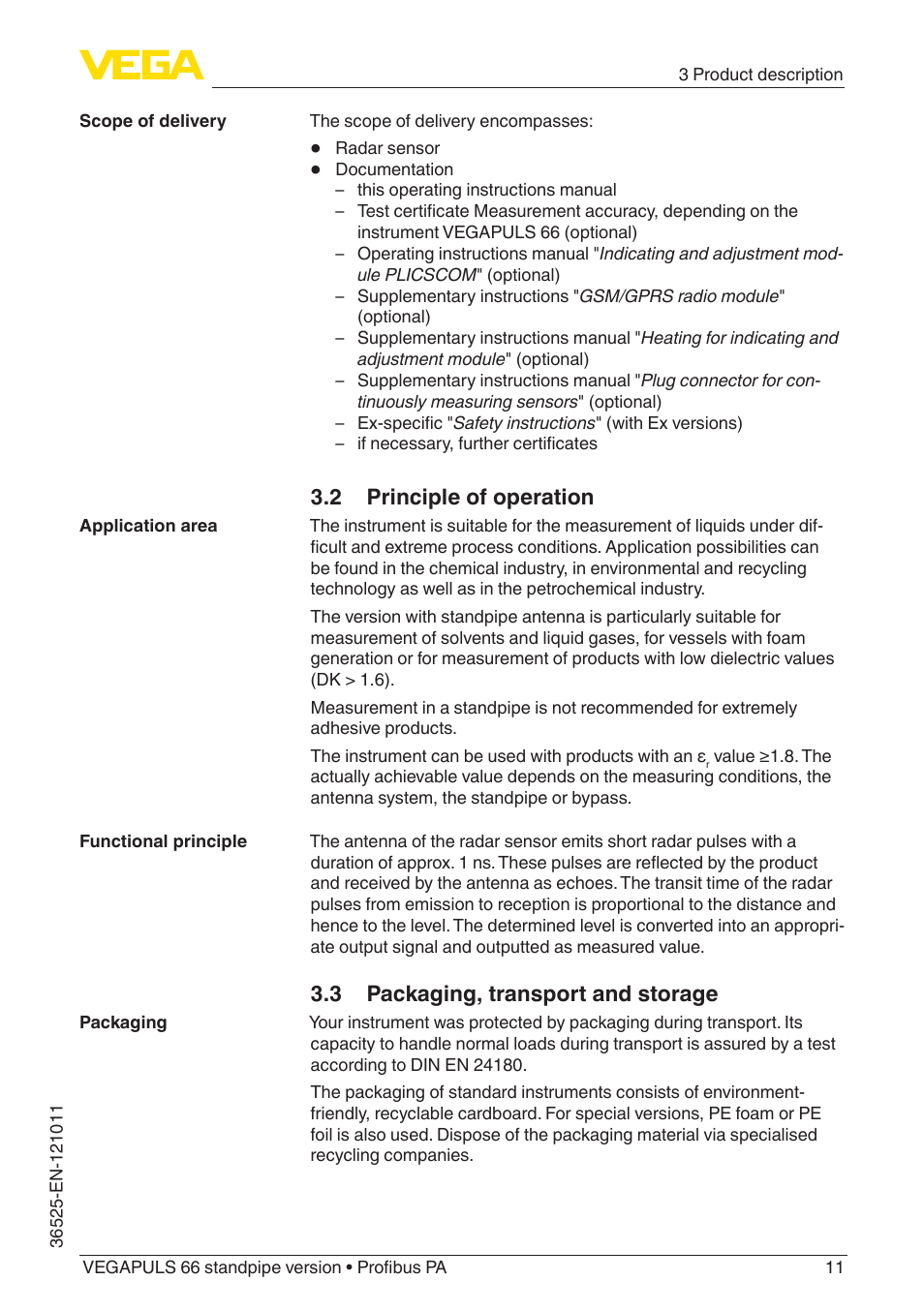 2 principle of operation, 3 packaging, transport and storage | VEGA VEGAPULS 66 (≥ 2.0.0 - ≥ 4.0.0) standpipe ver. Profibus PA User Manual | Page 11 / 64